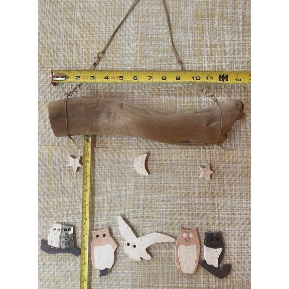 Owls Wind Chimes Driftwood Rustic Cabin Decor w/ Painted Ceramic Figs Handmade - Picture 4 of 9